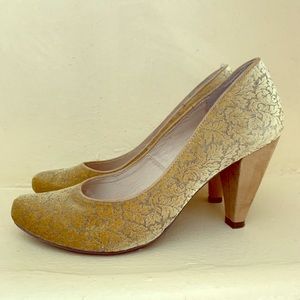 Ruby Shoo/ModCloth Gold Velvet Tapestry Heels - 7
